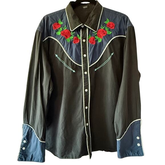 Coofandy Other - Coofandy Western Cowboy Shirt Black Blue Rose Embroidered Long Sleeve XX Large